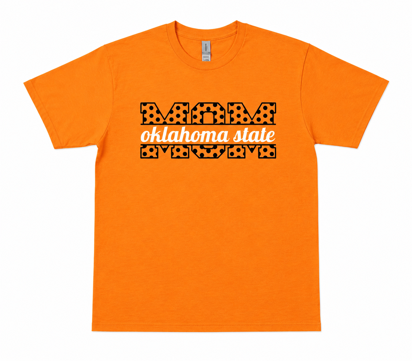 Hand-pressed Oklahoma State mom polka dot spirit tee